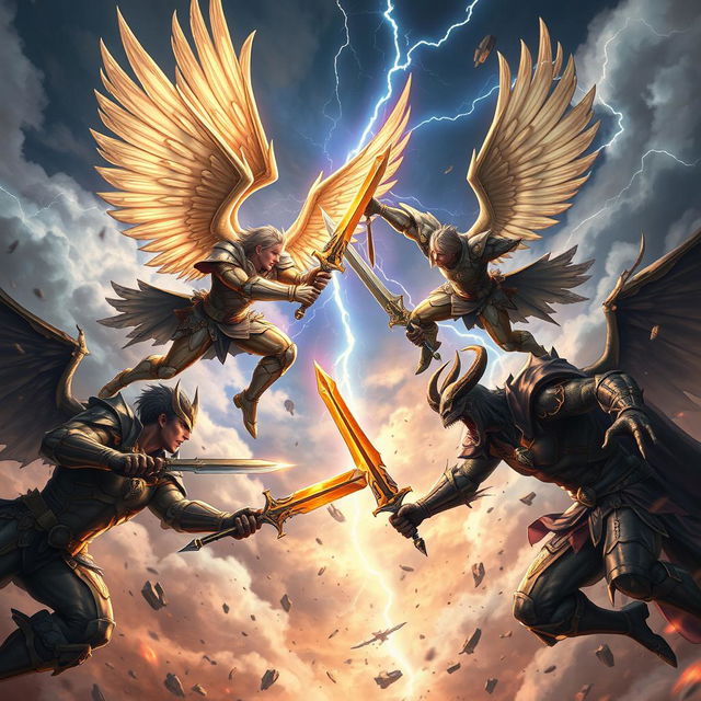 A dynamic air battle scene featuring male warrior angels and demons engaged in an epic confrontation