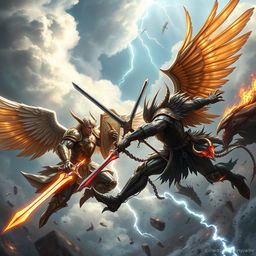 A dynamic air battle scene featuring male warrior angels and demons engaged in an epic confrontation