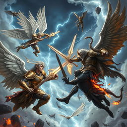 A dynamic air battle scene featuring male warrior angels and demons engaged in an epic confrontation