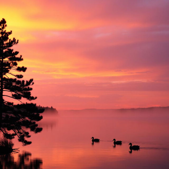 A serene sunset over a calm lake, the sky painted in hues of orange, purple, and pink, with soft clouds reflecting the colors