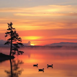 A serene sunset over a calm lake, the sky painted in hues of orange, purple, and pink, with soft clouds reflecting the colors
