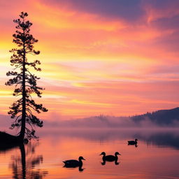 A serene sunset over a calm lake, the sky painted in hues of orange, purple, and pink, with soft clouds reflecting the colors