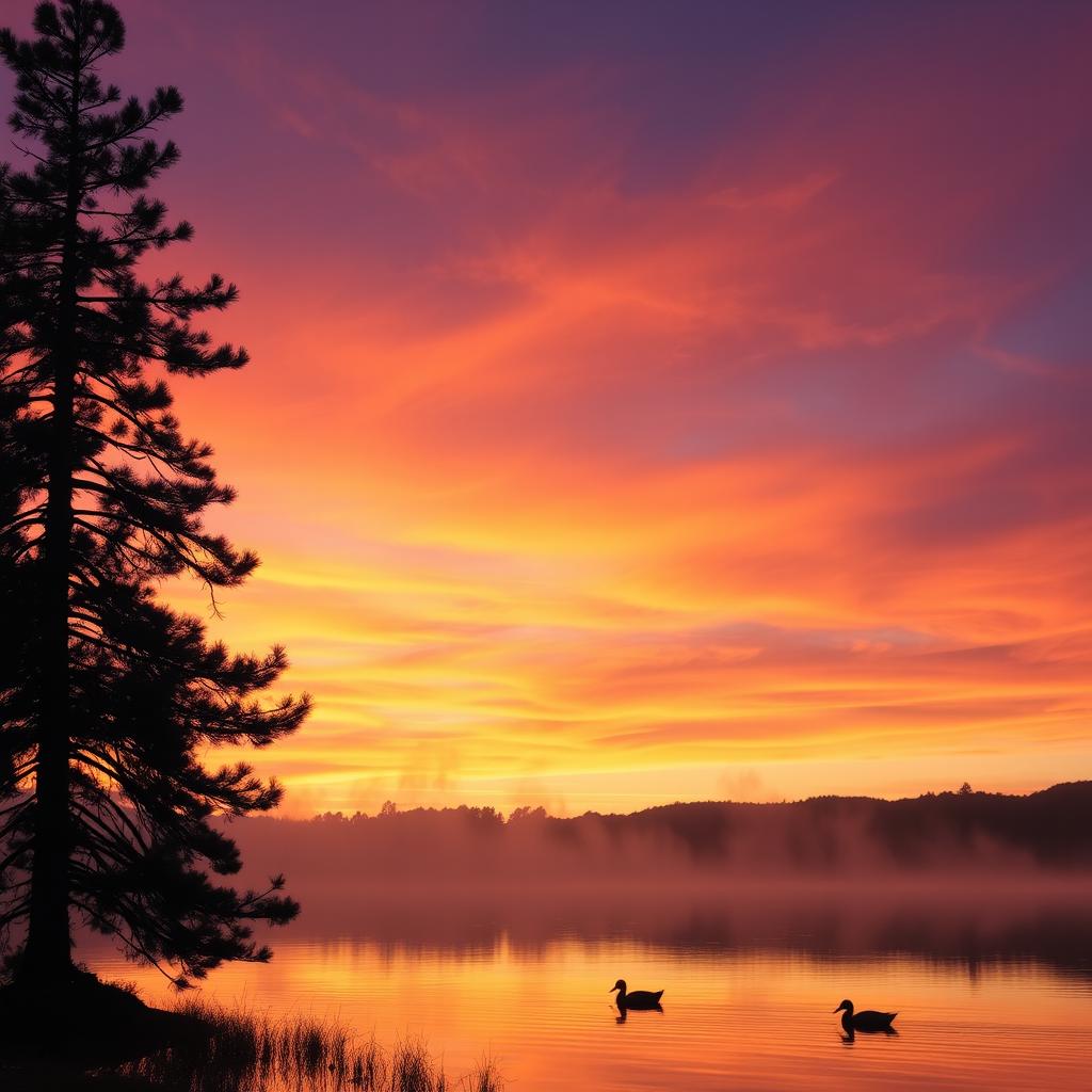 A serene sunset over a calm lake, the sky painted in hues of orange, purple, and pink, with soft clouds reflecting the colors