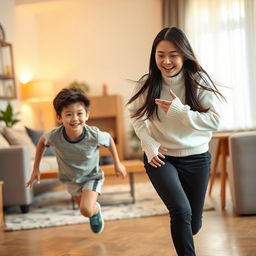 In a cozy room with warm lighting, an 18-year-old Asian sister is playfully chasing her 15-year-old younger brother