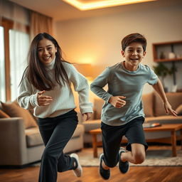 In a cozy room with warm lighting, an 18-year-old Asian sister is playfully chasing her 15-year-old younger brother