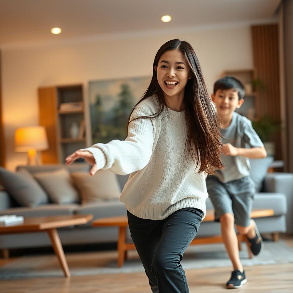 In a cozy room with warm lighting, an 18-year-old Asian sister is playfully chasing her 15-year-old younger brother