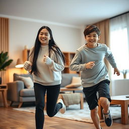 In a cozy room with warm lighting, an 18-year-old Asian sister is playfully chasing her 15-year-old younger brother