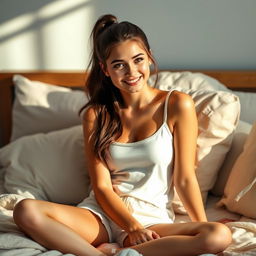 a beautiful 18-year-old brunette girl with long hair tied back in a stylish ponytail, sitting comfortably on a bed, dressed in a soft, casual tank top and shorts, surrounded by fluffy pillows and a light blanket, with a relaxed smile on her face, illuminated by gentle natural light that softens the scene