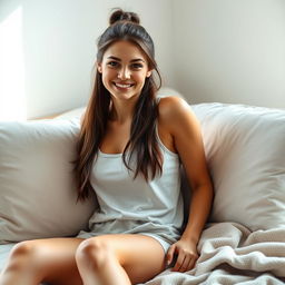 a beautiful 18-year-old brunette girl with long hair tied back in a stylish ponytail, sitting comfortably on a bed, dressed in a soft, casual tank top and shorts, surrounded by fluffy pillows and a light blanket, with a relaxed smile on her face, illuminated by gentle natural light that softens the scene