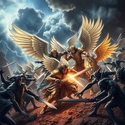 An epic battle scene depicting male warrior angels fighting against a legion of evil demons