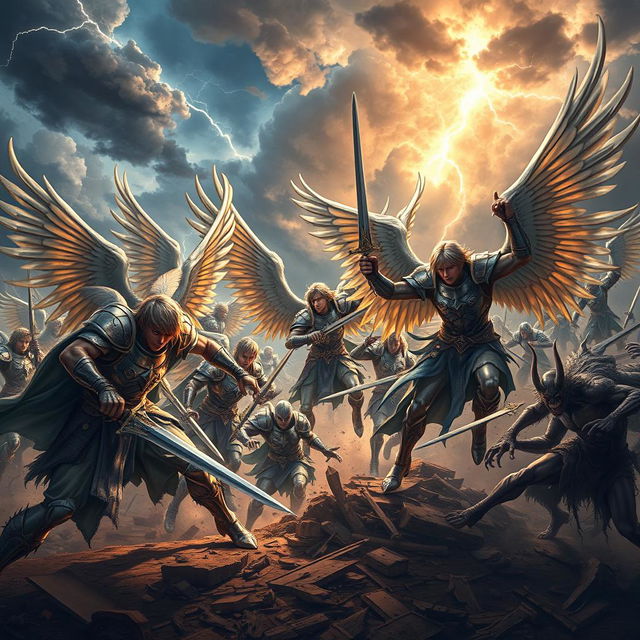 An epic battle scene depicting male warrior angels fighting against a legion of evil demons