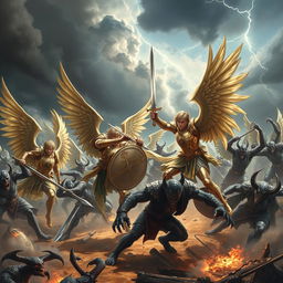 An epic battle scene depicting male warrior angels fighting against a legion of evil demons