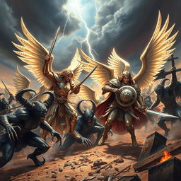 An epic battle scene depicting male warrior angels fighting against a legion of evil demons