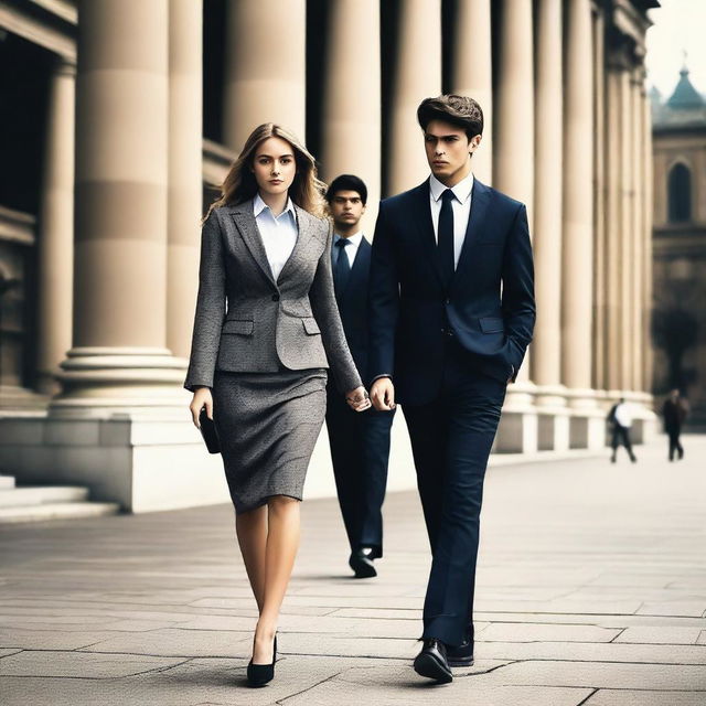 This is a high-quality photo capturing a scene at a university, featuring a cautious young woman and a man exuding sophistication and danger