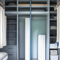 Transform the sea-blue wardrobe by adding a prominent white strip in the middle. Retain the L-shaped loft, giving a stylish yet utilitarian appeal.