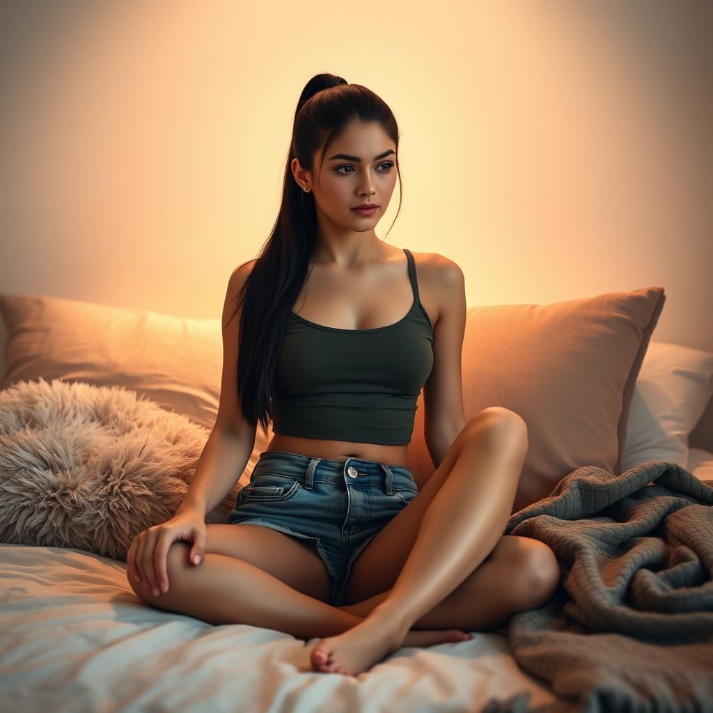 a beautiful 18-year-old brunette girl with long hair tied back in a sleek ponytail, sitting elegantly on a bed, dressed in a casual chic outfit consisting of a fitted top and denim shorts, surrounded by fluffy pillows and a cozy blanket, with a thoughtful expression, bathed in soft, warm light that enhances the inviting ambiance of the room