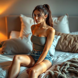 a beautiful 18-year-old brunette girl with long hair tied back in a sleek ponytail, sitting elegantly on a bed, dressed in a casual chic outfit consisting of a fitted top and denim shorts, surrounded by fluffy pillows and a cozy blanket, with a thoughtful expression, bathed in soft, warm light that enhances the inviting ambiance of the room