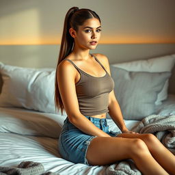 a beautiful 18-year-old brunette girl with long hair tied back in a sleek ponytail, sitting elegantly on a bed, dressed in a casual chic outfit consisting of a fitted top and denim shorts, surrounded by fluffy pillows and a cozy blanket, with a thoughtful expression, bathed in soft, warm light that enhances the inviting ambiance of the room