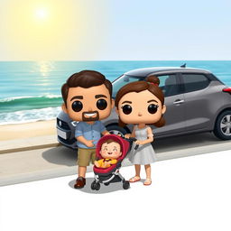 A lively and charming funko pop scene featuring a couple in their 30s, happily standing beside their baby who is 2 months old