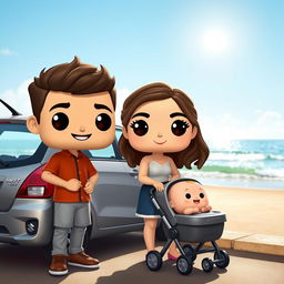 A lively and charming funko pop scene featuring a couple in their 30s, happily standing beside their baby who is 2 months old