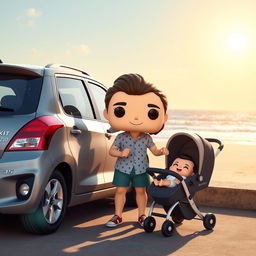 A lively and charming funko pop scene featuring a couple in their 30s, happily standing beside their baby who is 2 months old