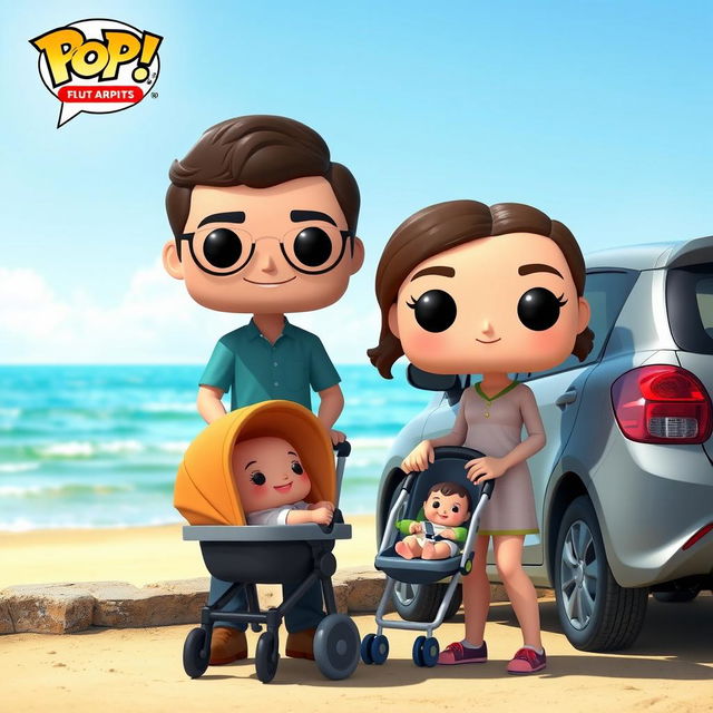 A lively and charming funko pop scene featuring a couple in their 30s, happily standing beside their baby who is 2 months old