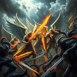 An epic battle scene depicting male warrior angels clad in shining armor with majestic wings, clashing against a dark and ominous legion of demons with twisted horns and fiery eyes