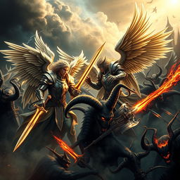 An epic battle scene depicting male warrior angels clad in shining armor with majestic wings, clashing against a dark and ominous legion of demons with twisted horns and fiery eyes
