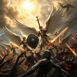 An epic battle scene depicting male warrior angels clad in shining armor with majestic wings, clashing against a dark and ominous legion of demons with twisted horns and fiery eyes