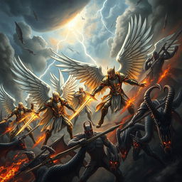 An epic battle scene depicting male warrior angels clad in shining armor with majestic wings, clashing against a dark and ominous legion of demons with twisted horns and fiery eyes
