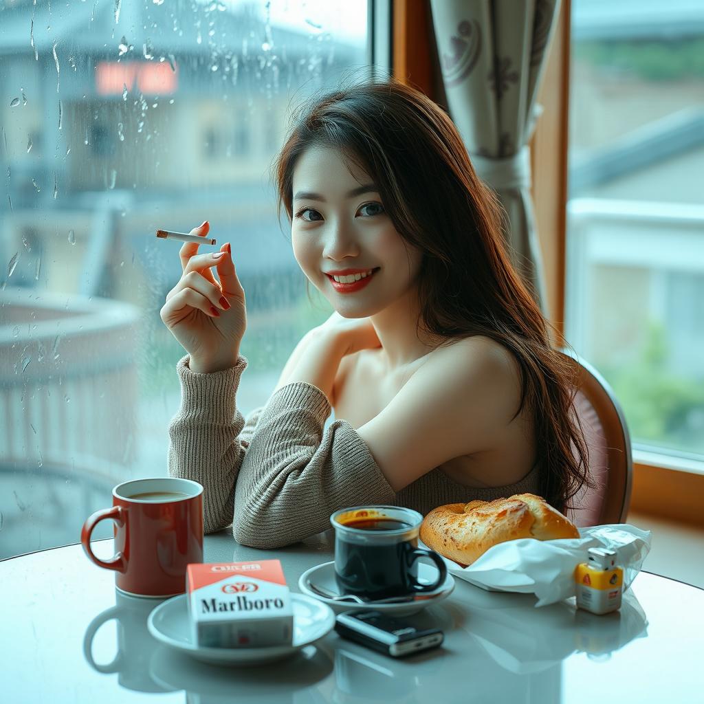 A beautiful Korean woman posing gracefully and attractively, sitting facing the camera with a gentle smile while holding a cigarette