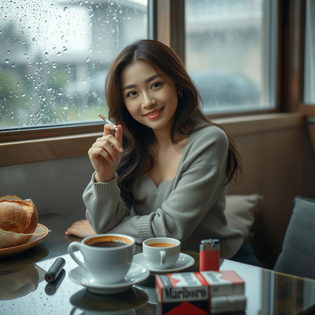 A beautiful Korean woman posing gracefully and attractively, sitting facing the camera with a gentle smile while holding a cigarette