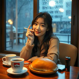A beautiful Korean woman posing gracefully and attractively, sitting facing the camera with a gentle smile while holding a cigarette
