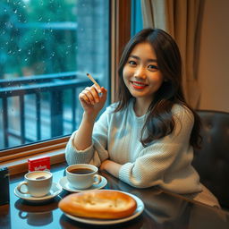 A beautiful Korean woman posing gracefully and attractively, sitting facing the camera with a gentle smile while holding a cigarette