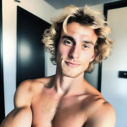 A high-quality image resembling a selfie, focusing on the chest of a man in his twenties with light chest hair and white to tan skin