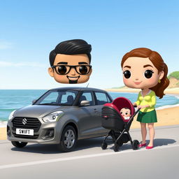A lively and charming funko pop scene featuring a couple in their 30s, joyfully standing next to their 2-month-old baby