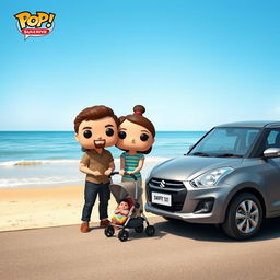 A lively and charming funko pop scene featuring a couple in their 30s, joyfully standing next to their 2-month-old baby