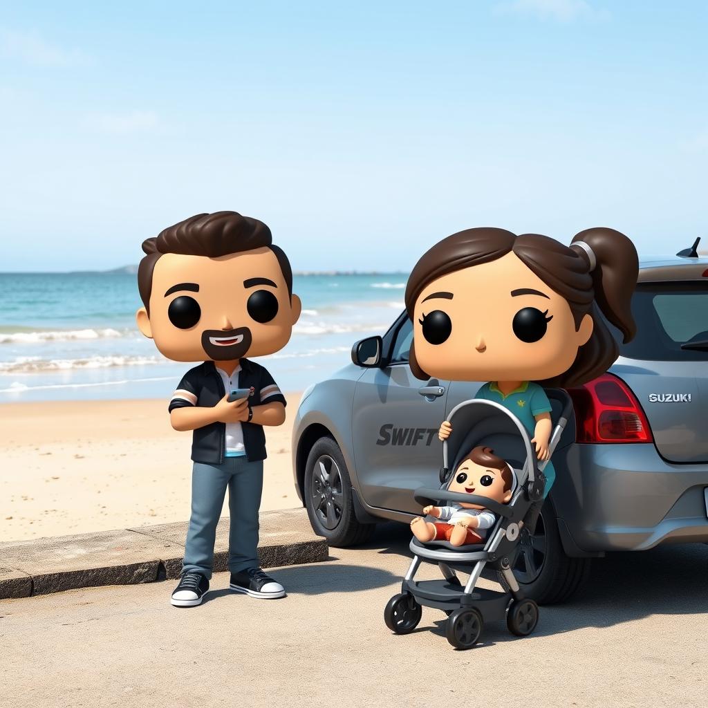 A lively and charming funko pop scene featuring a couple in their 30s, joyfully standing next to their 2-month-old baby