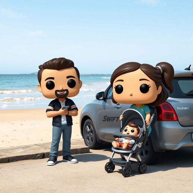 A lively and charming funko pop scene featuring a couple in their 30s, joyfully standing next to their 2-month-old baby