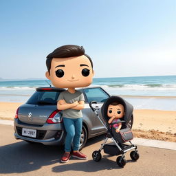 A lively and charming funko pop scene featuring a couple in their 30s, joyfully standing next to their 2-month-old baby