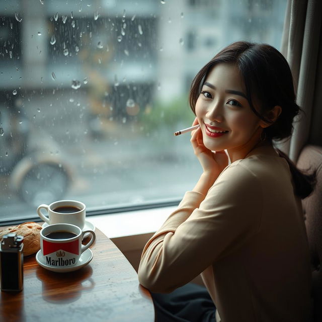 A beautiful Korean woman elegantly seated, facing the camera with a soft smile, holding a cigarette