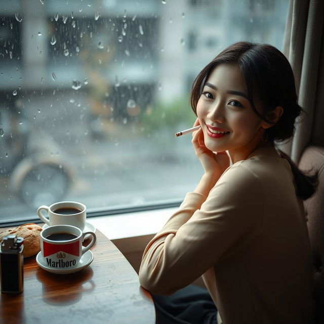 A beautiful Korean woman elegantly seated, facing the camera with a soft smile, holding a cigarette