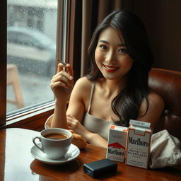 A beautiful Korean woman elegantly seated, facing the camera with a soft smile, holding a cigarette