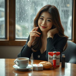 A beautiful Korean woman elegantly seated, facing the camera with a soft smile, holding a cigarette