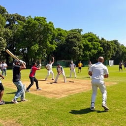 A group of men engaged in a lively game of cricket in a vibrant playground setting