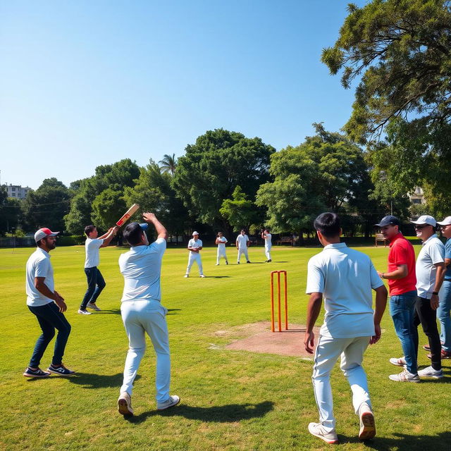 A group of men engaged in a lively game of cricket in a vibrant playground setting