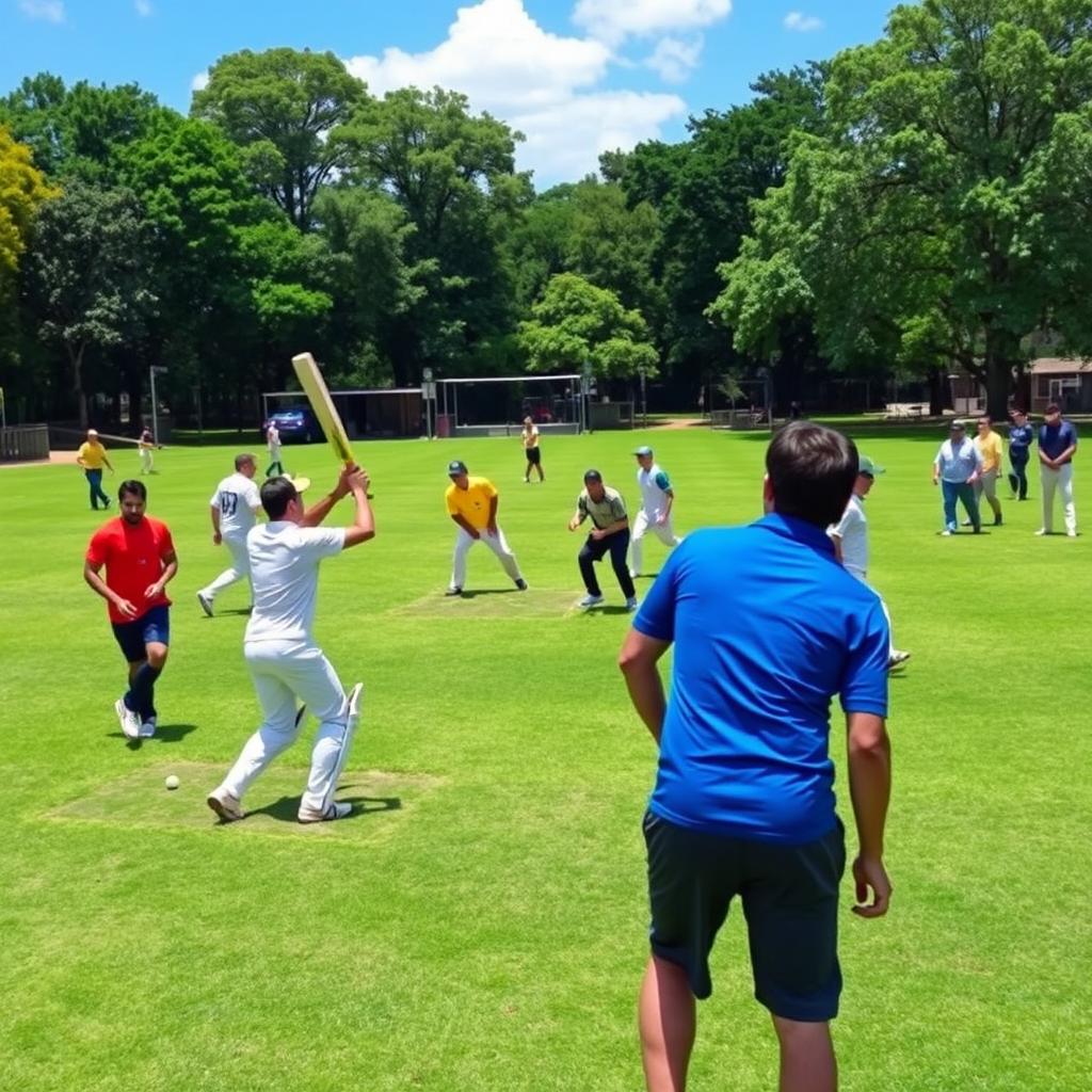 A group of men engaged in a lively game of cricket in a vibrant playground setting