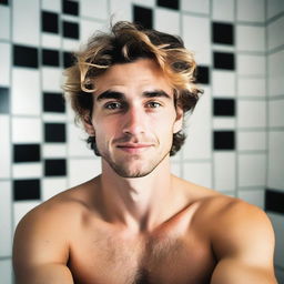 A high-quality image resembling a selfie, focusing on the chest of a man in his twenties with light chest hair and white to tan skin