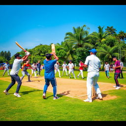 A group of men engaged in a lively game of cricket in a vibrant playground setting