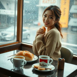 A beautiful Korean woman posing gracefully while sitting, facing the camera with a soft smile, holding a loaf of bread